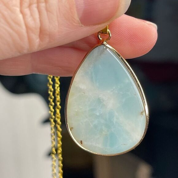 Amazonite gold tone raindrop pendant wrapped 1.5” gold tone stainless steel - Picture 2 of 9